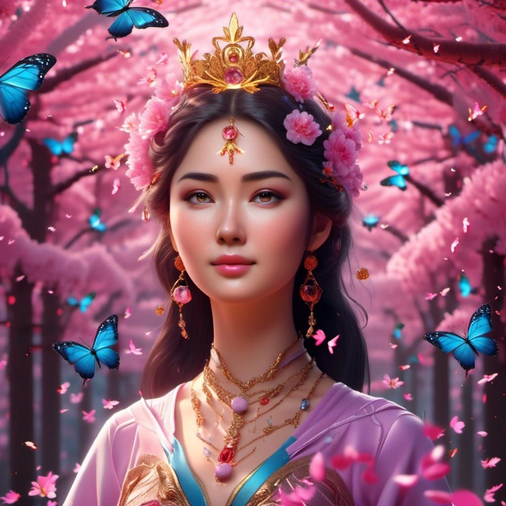 Sakura Princess Portrait with Butterflies in Hyperrealism