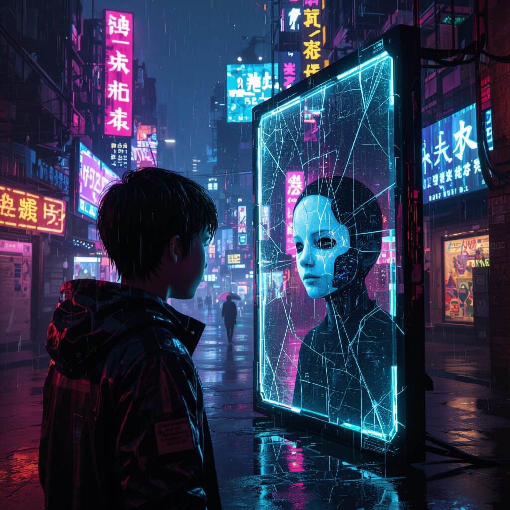 Cyberpunk Man Sees Faceless Inner Child in Neon Mirror