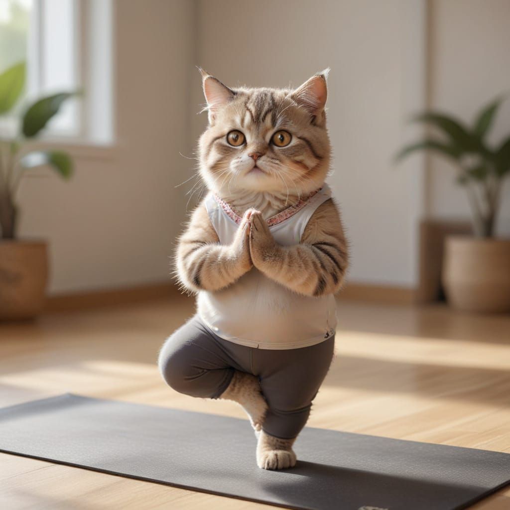 Cute Fat Kitten in Yoga Pose, Photorealistic Style