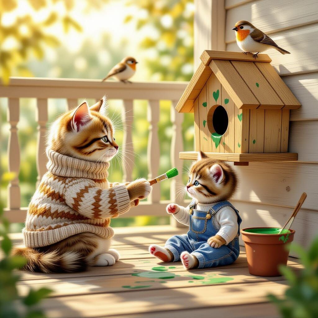 Storybook Cats Paint Birdhouse with Curious Bird