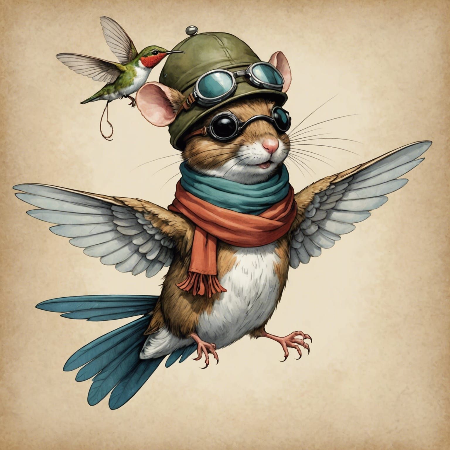 Mouse and Hummingbird Friendship in Whimsical Illustration