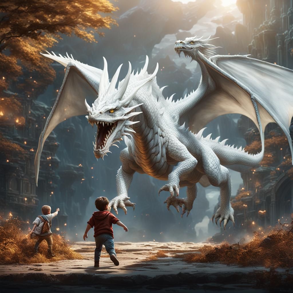 White Dragon Saves Child: Fantasy Concept Art