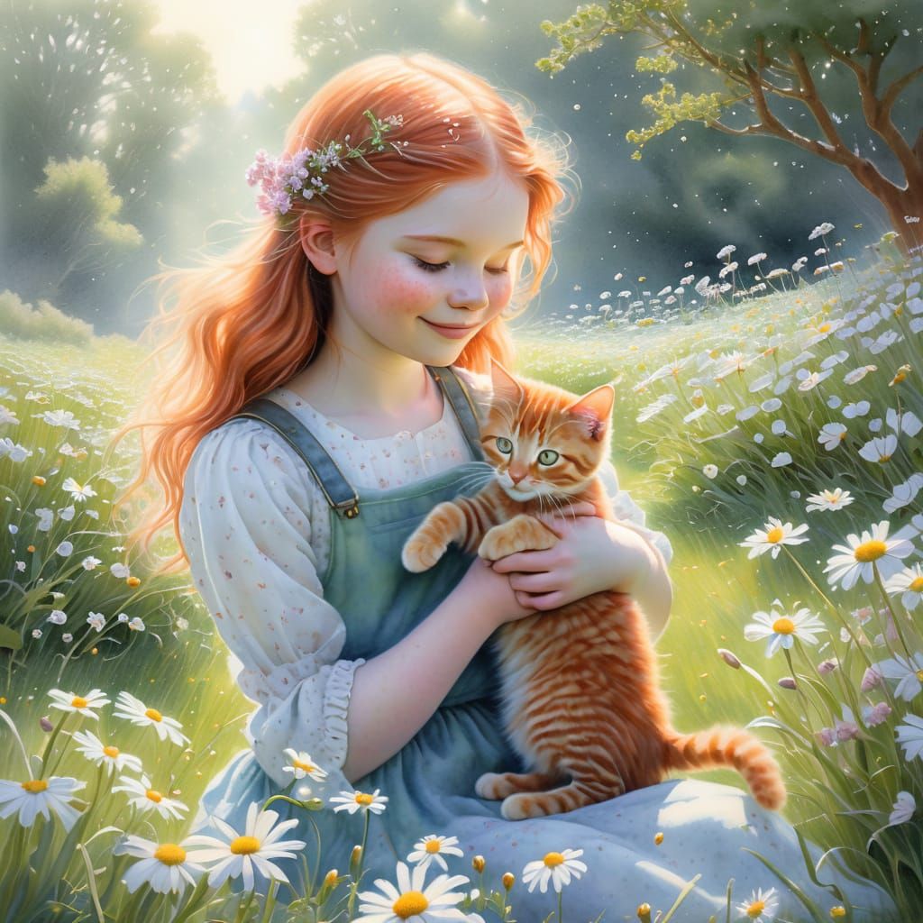 Whimsical Girl and Tabby Cat in Daisy Field