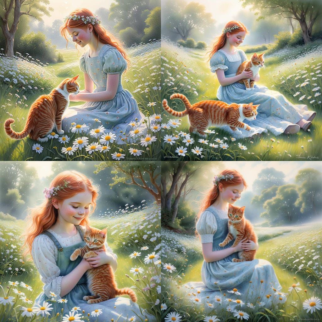 Young Girl and Ginger Cat in Daisy Field