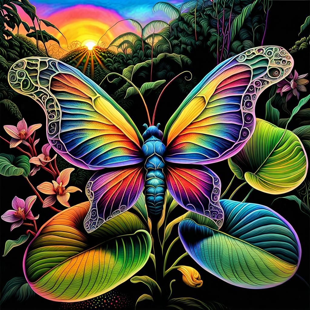 Neon Rainbow Jungle Home with Fractal Insect