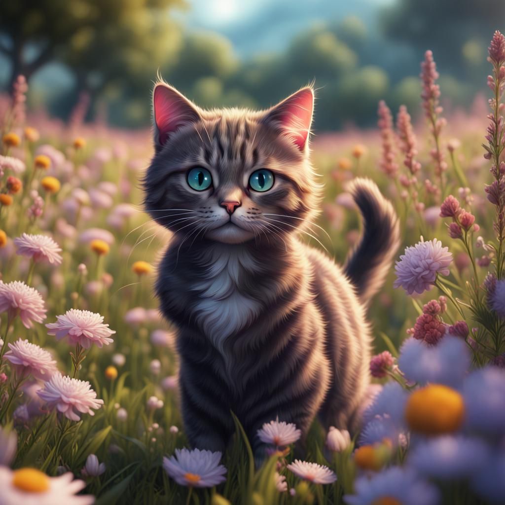 Cute Cat in Flower Field: Fantasy Concept Art