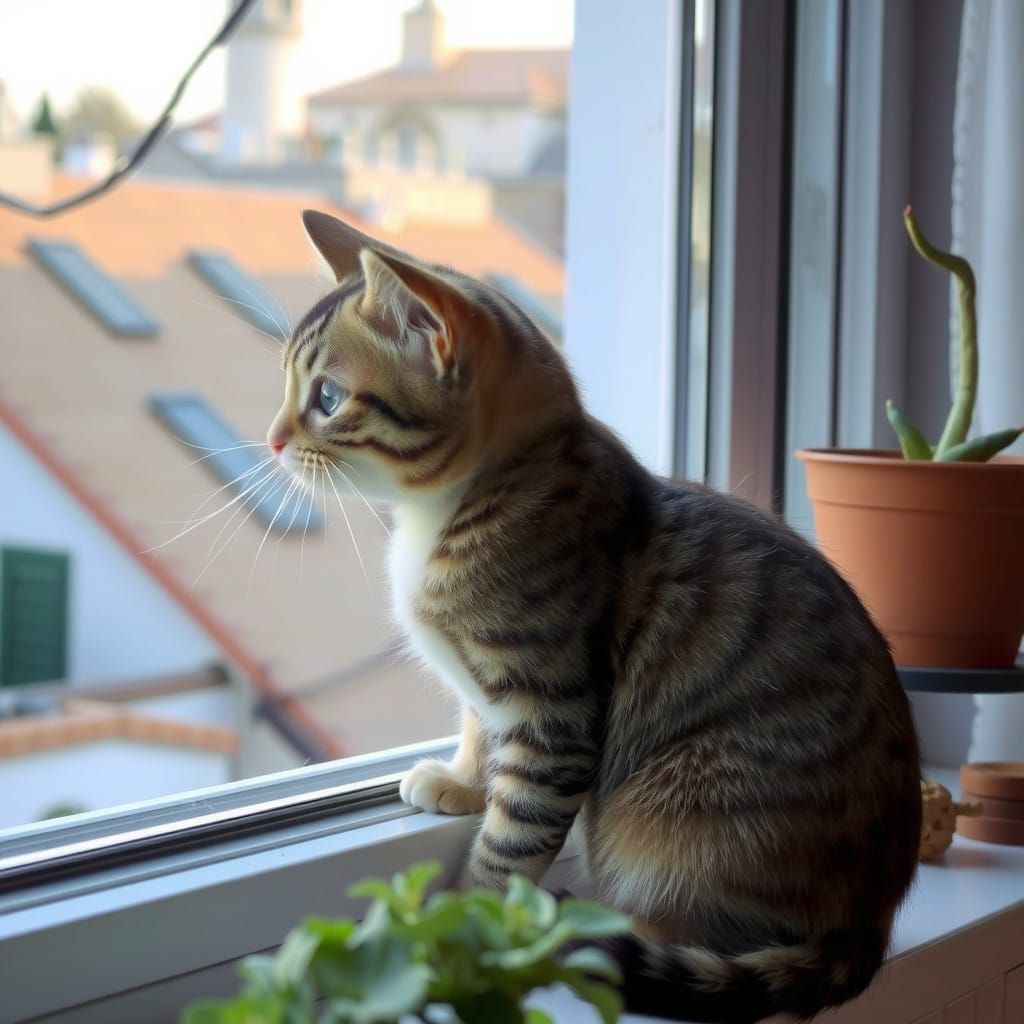 Whimsical Kitten at Window, Curious About the World, in Soft...