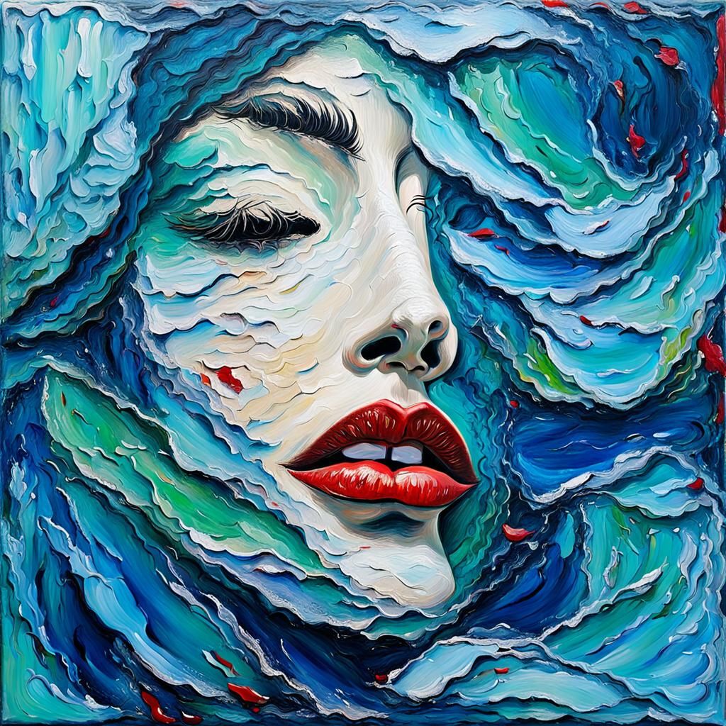Abstract Female Face with Waves: Impasto Oil Painting