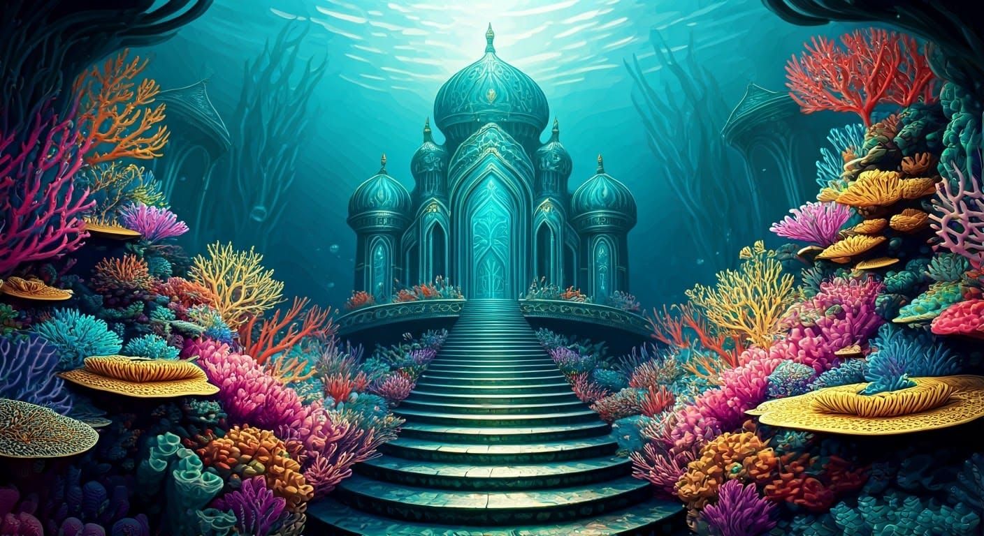 Underwater Palaces and Mermaids in Vibrant Coral Reefs