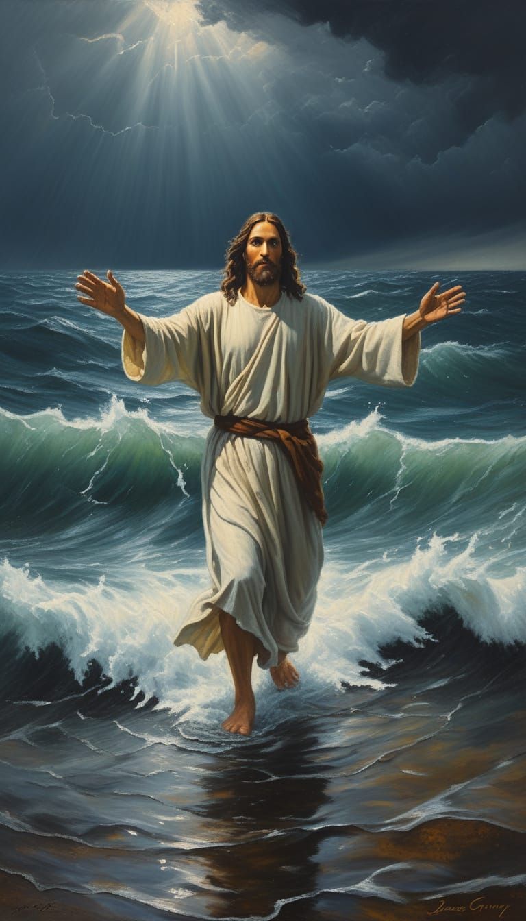 Jesus Walks on Stormy Seas in Oil Painting Style