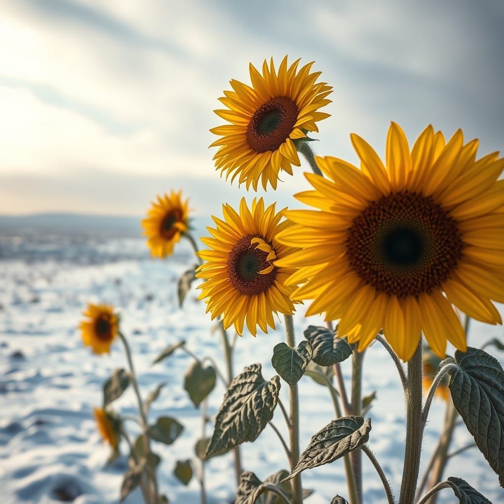 Hyperrealistic Sunflowers Meet Winter Landscape