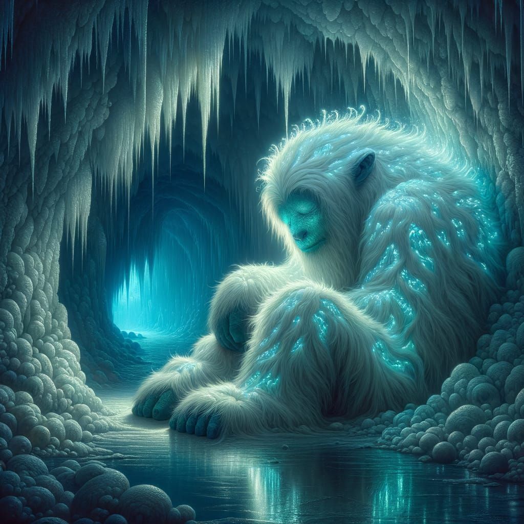 Bioluminescent Yeti Sleeps in Ice Cave