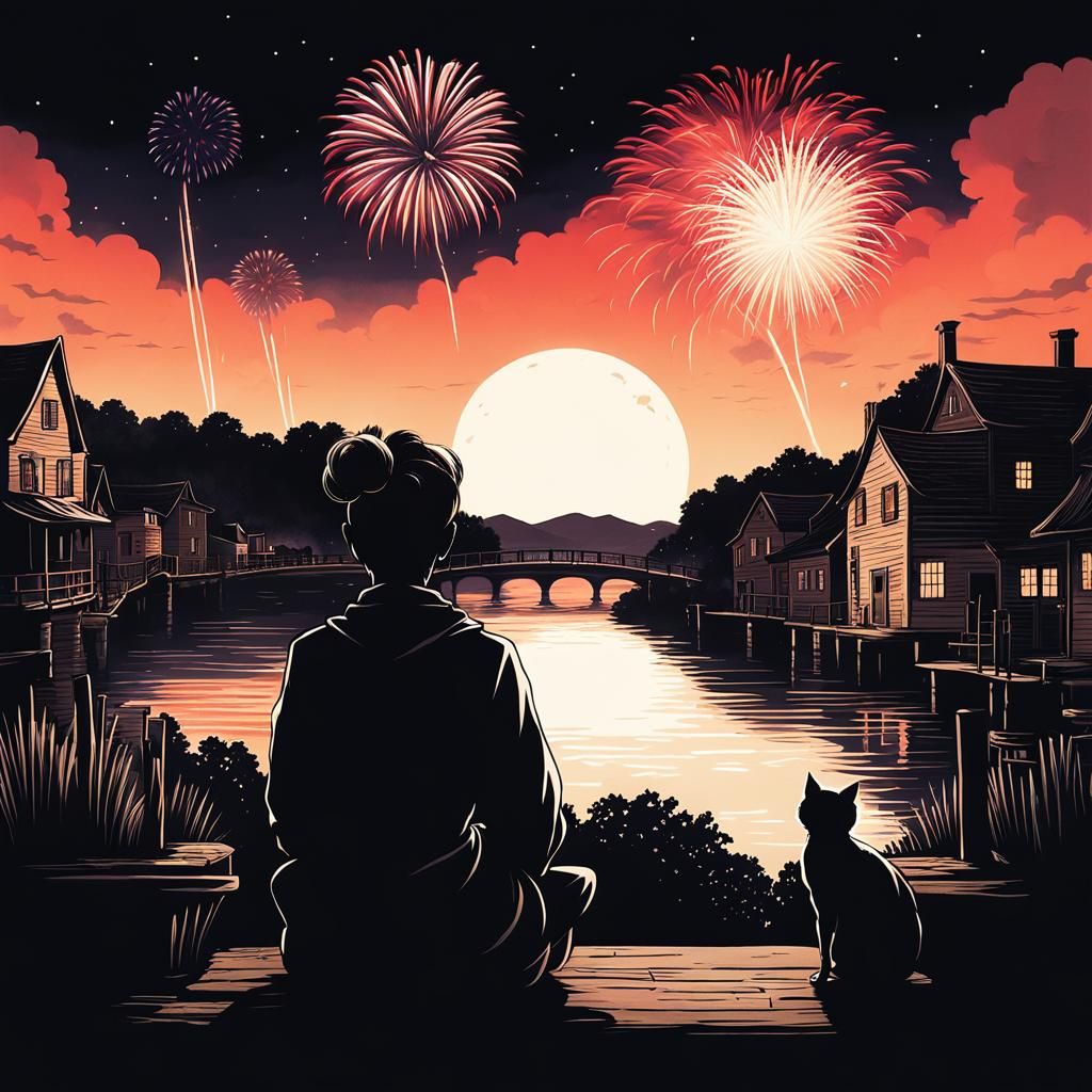 Anime Fireworks Display Over Colonial Town