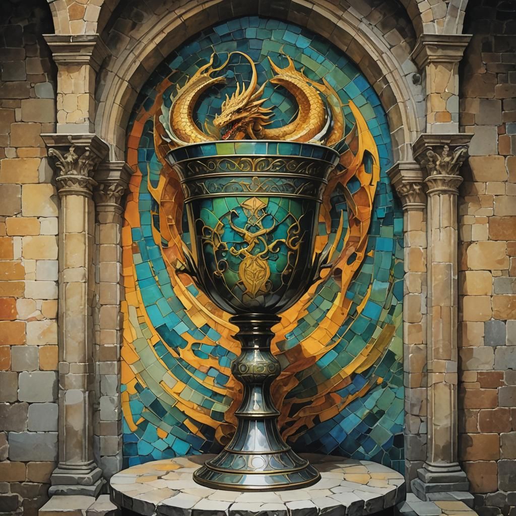 a chalice .inside a castle with a dragon protecting the chal...