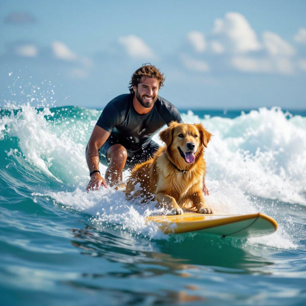 Man and Dog Surf Together Riding Ocean Waves