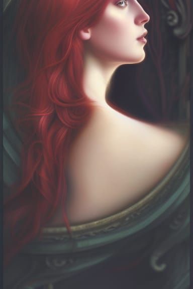 Pre-Raphaelite Princess with Golden Eyes in Red Dress