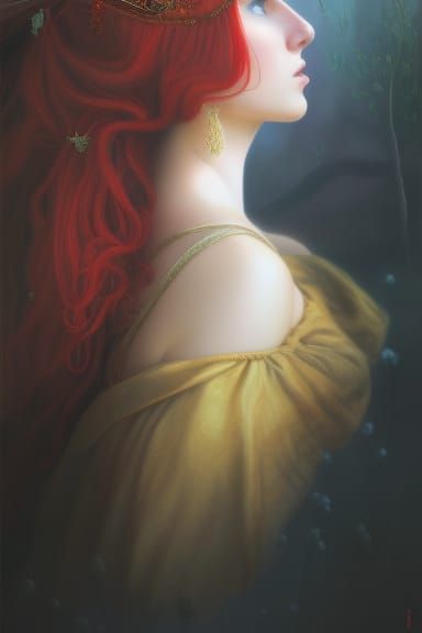 Pre-Raphaelite Princess with Golden Eyes in Red Dress