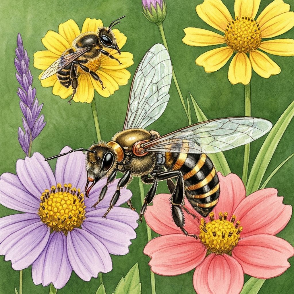 Robotic Bee Pollinating Flowers in Botanical Art Style