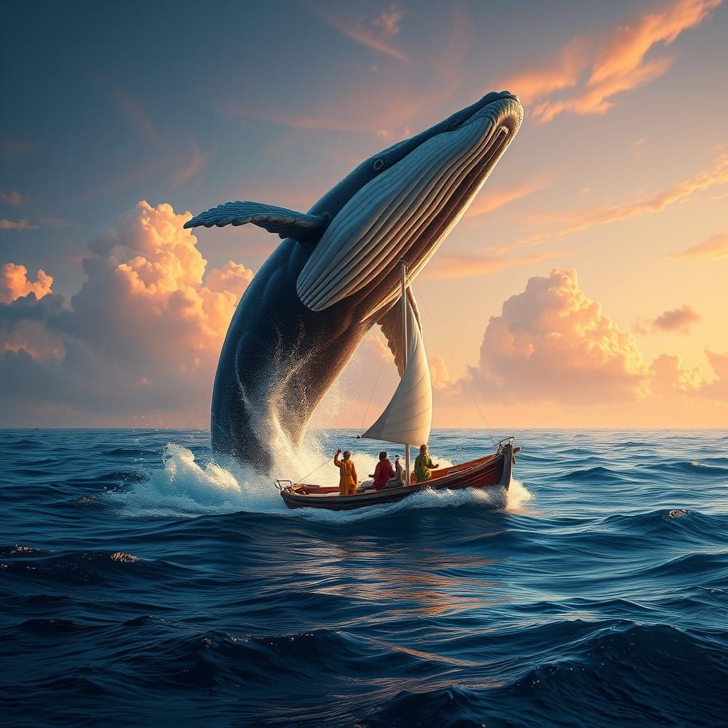 Whale Leaps Towards Sailboat in Vibrant, Fantastical Scene