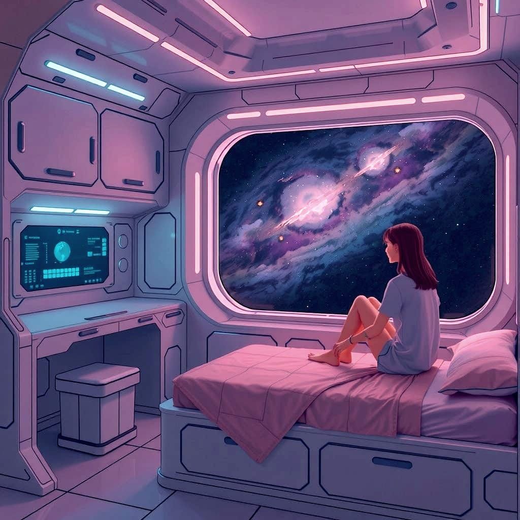 Futuristic Spaceship Bedroom with Galaxy View