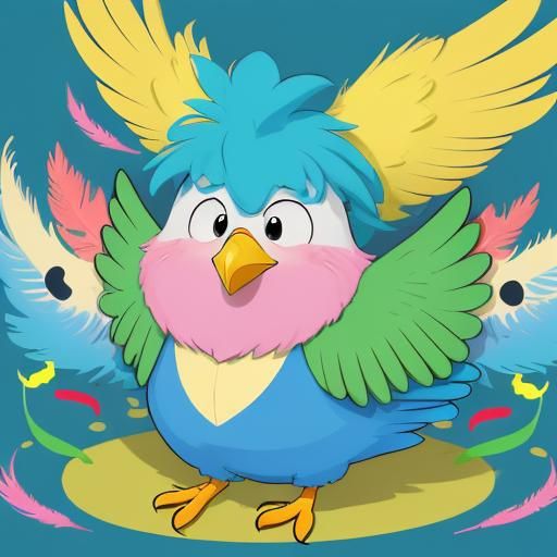 Big cute bird, funny and ridiculous, with yellow beak, colorful wings and feathers and high tuft on the head, cartoon st...