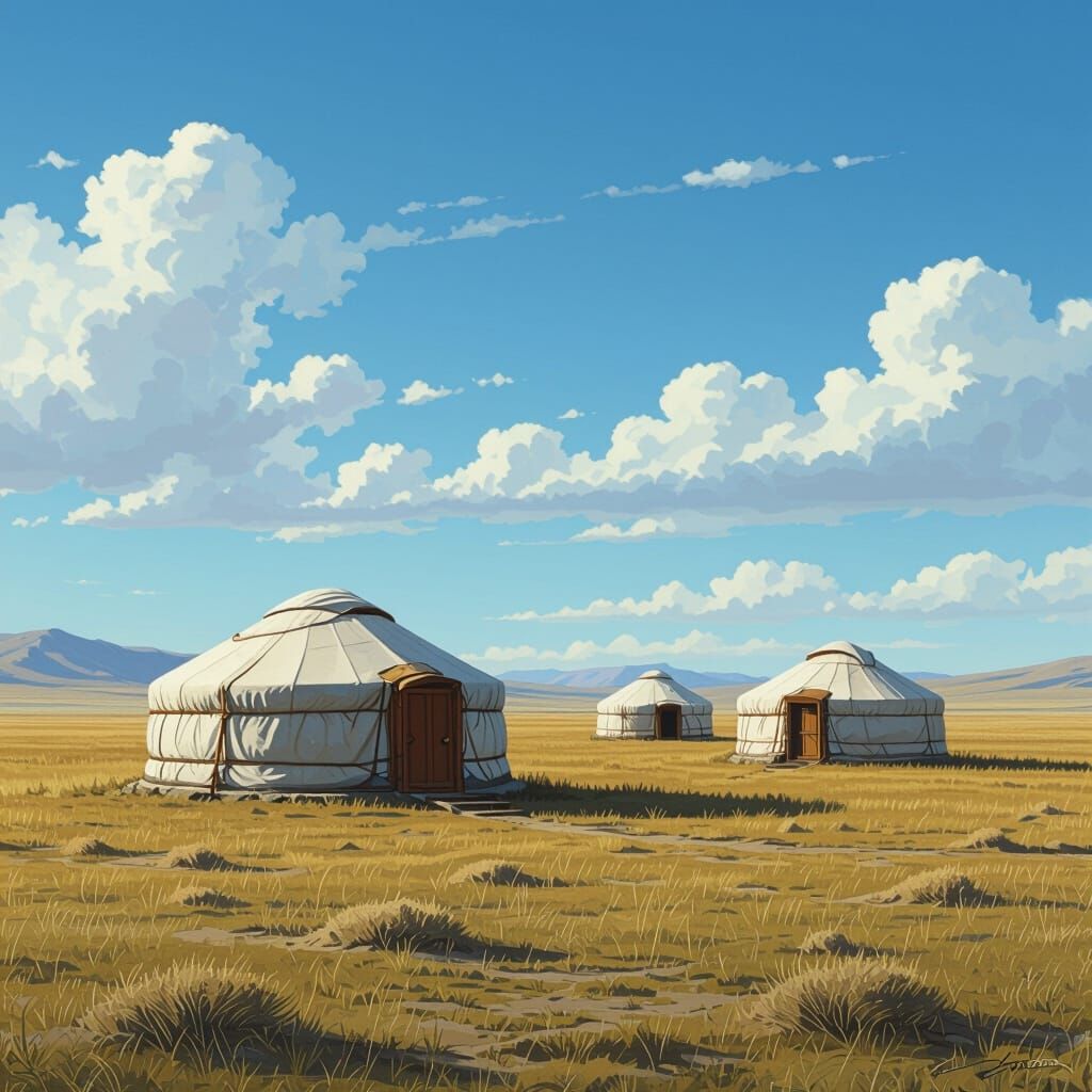 Mongolian Yurts Meet the Sky: Surreal Steppe Landscape
