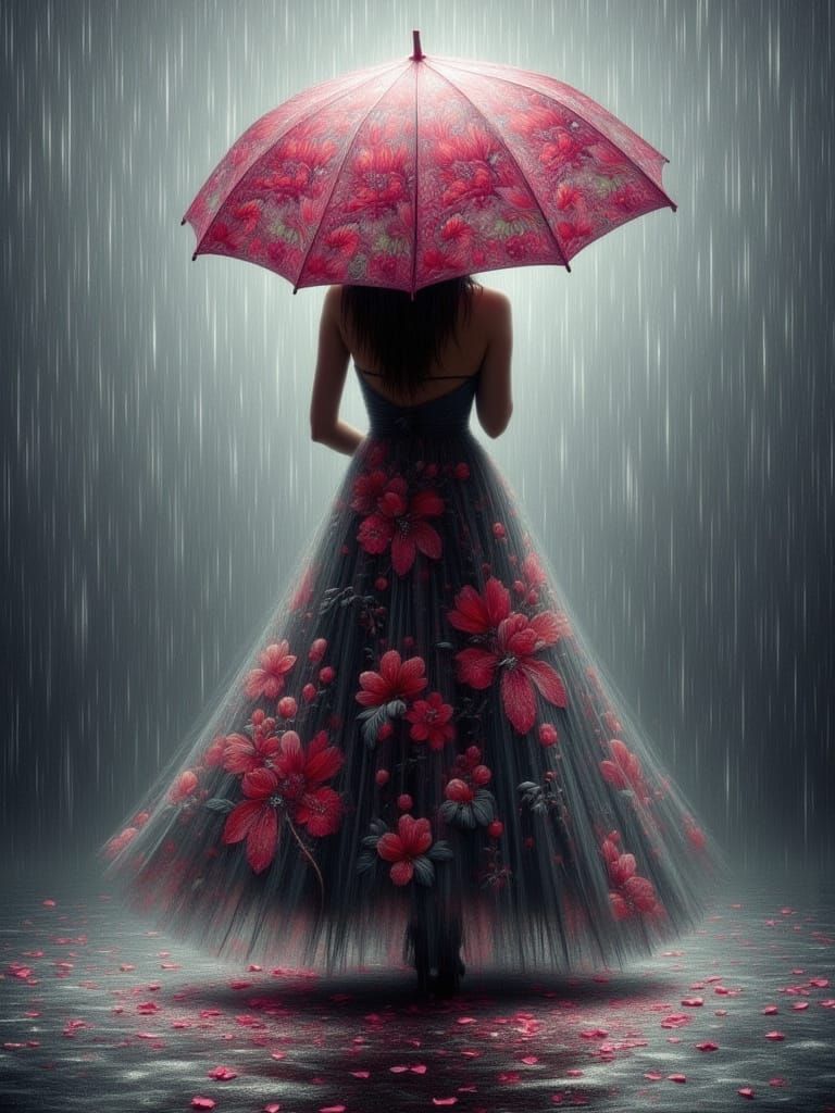 Woman in Rain: A Digital Portrait with Floral Accents