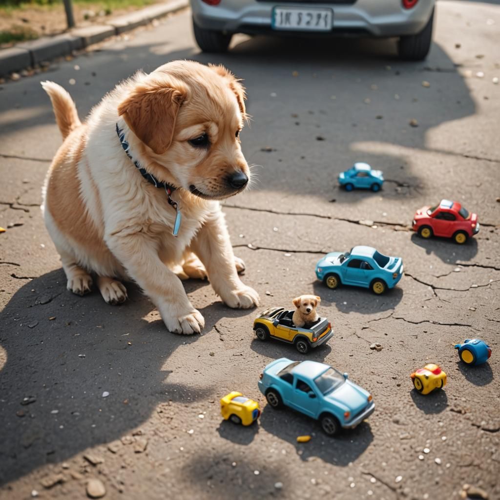 Puppy and Mom Play with Toy Cars