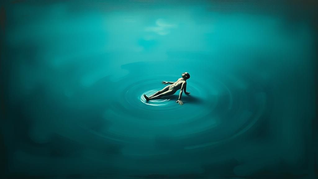 Melting Figure in Blue-Green Expanse: Surrealist Vision