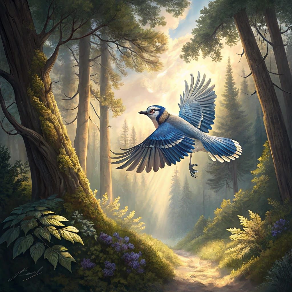 Blue Jay in Ethereal Flight over a Lush Forest