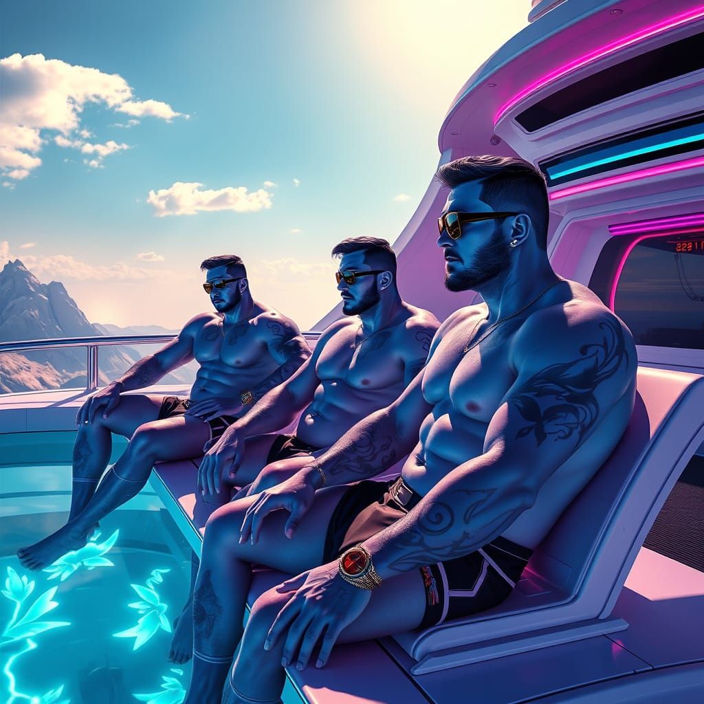 Blue-Skinned Men with Orchid Tattoos on Spaceship
