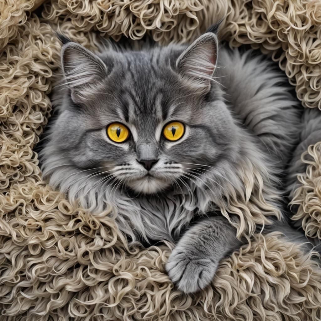 Cute Curled Up Gray Kitten with Yellow Eyes