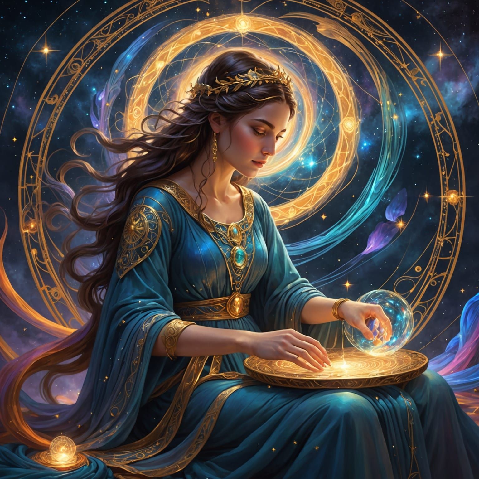 Athena Weaving Starlight Tapestry, Hyperrealistic Charcoal D...