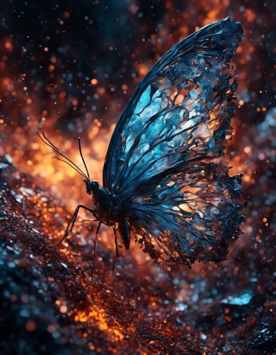 Fragmented Butterfly in Glowing Landscape, Gouache Painting