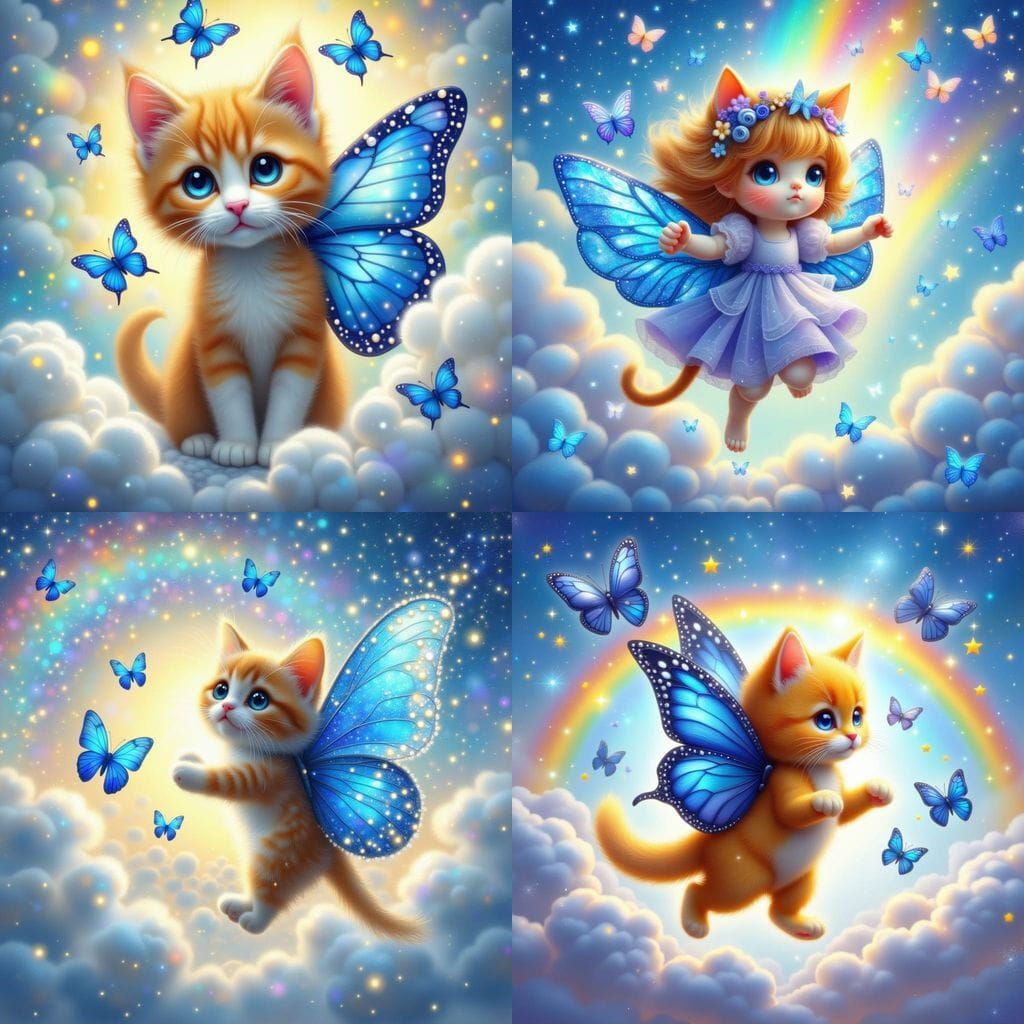Whimsical Chibi Kitten Soars with Blue Butterfly Companions