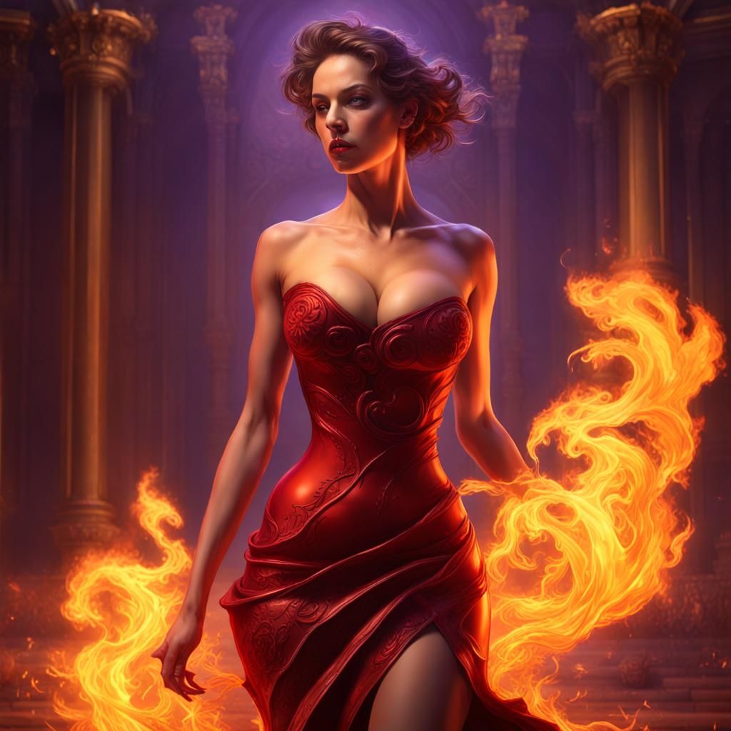Woman with Flaming Rose in Dark Fantasy Art