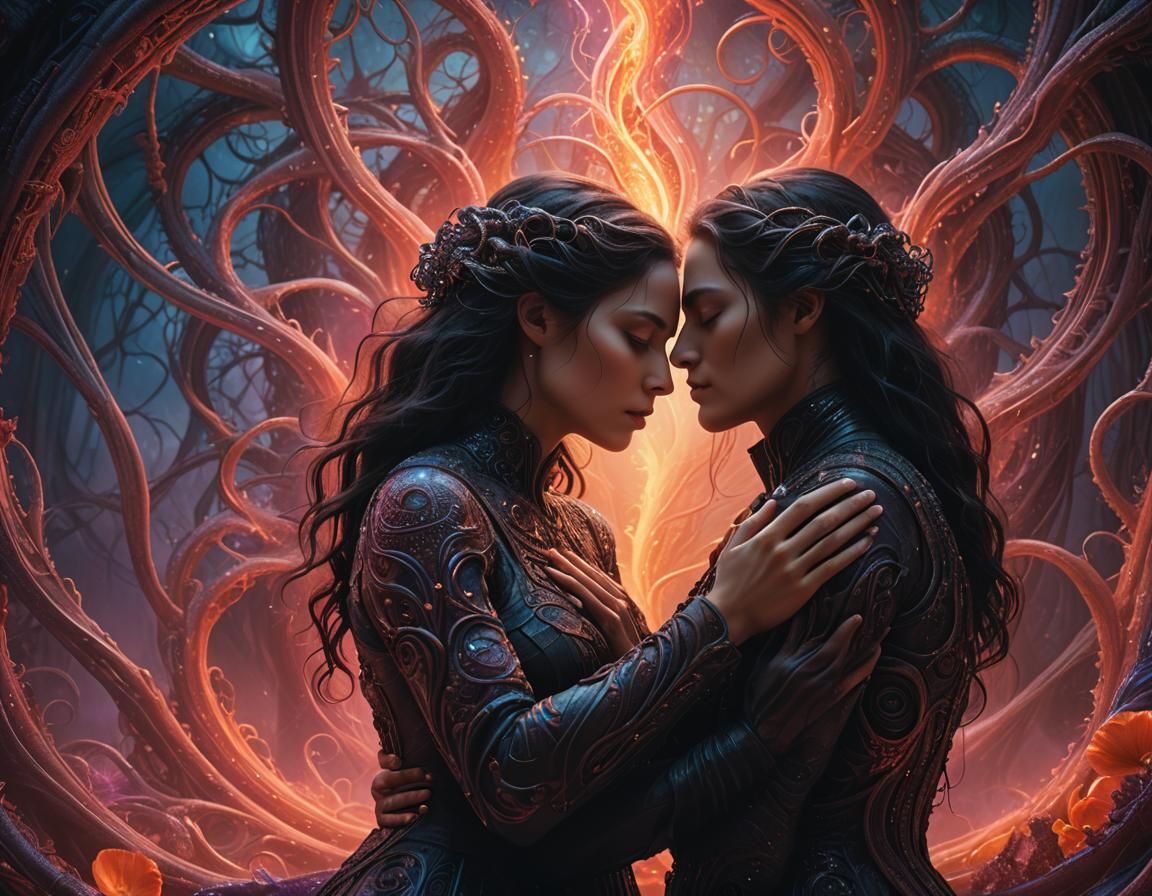 Couple Embracing in Dreamlike Mystical World