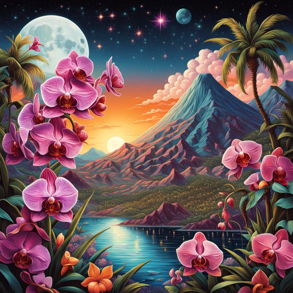 Orchid Field Under Full Moon with Volcanic Mountains and Esc...