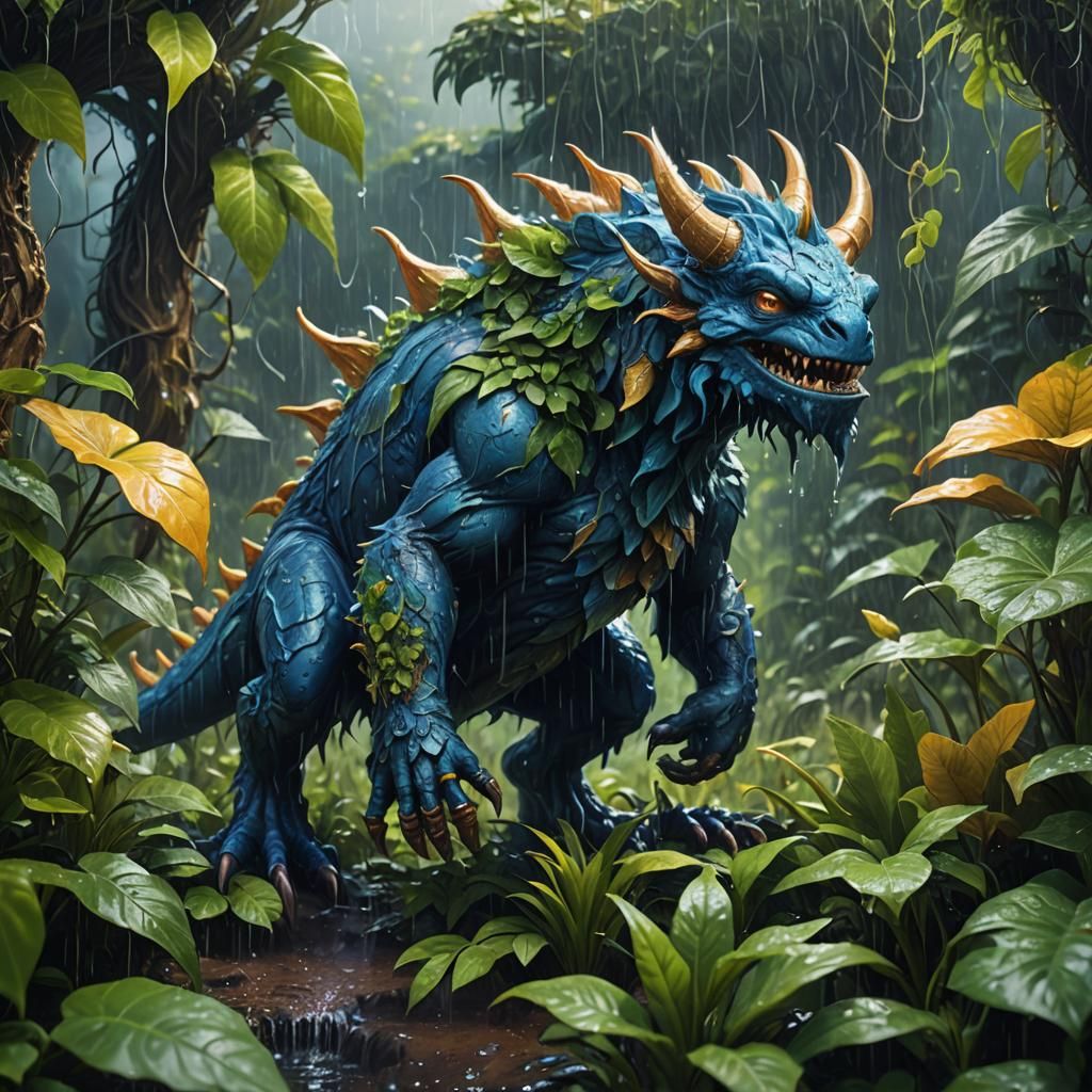 Cute Monster Plays in Rainy Fantasy Landscape