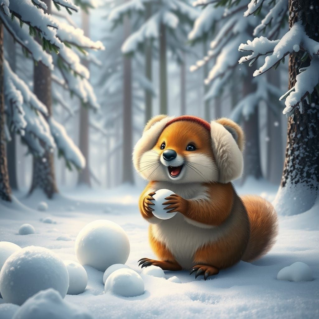 Joyful Quokka Crafts Snowballs in Serene Winter Wonderland