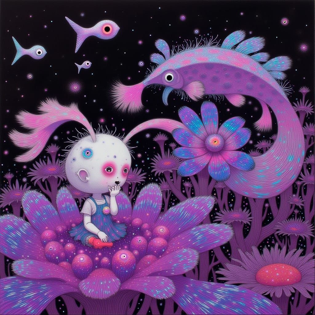 Iridescent Bioluminescent Fish Swim Through Shimmering Glass...