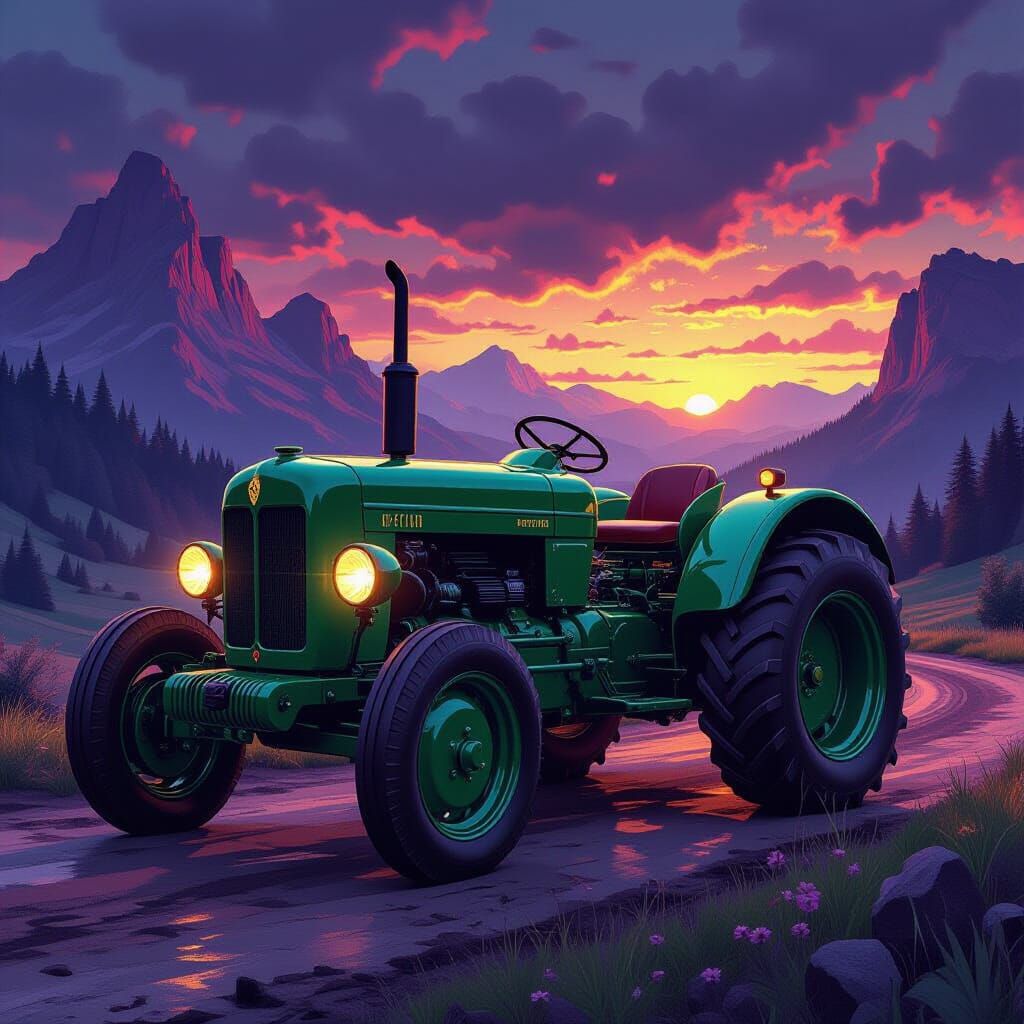 Vintage Green Ferrari Tractor in Fantasy Landscape