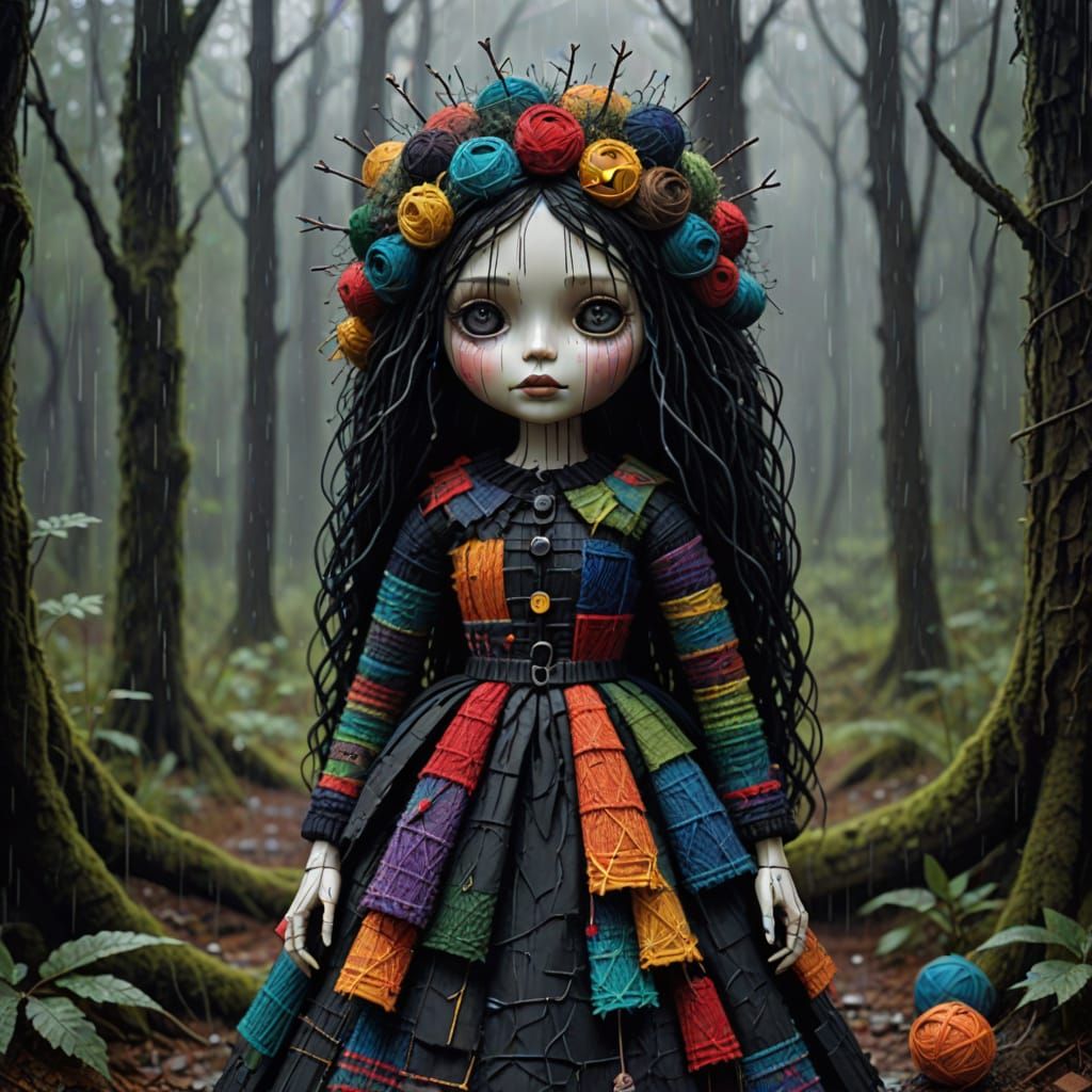 Surreal Yarn Doll in Rainy Forest with Thorns