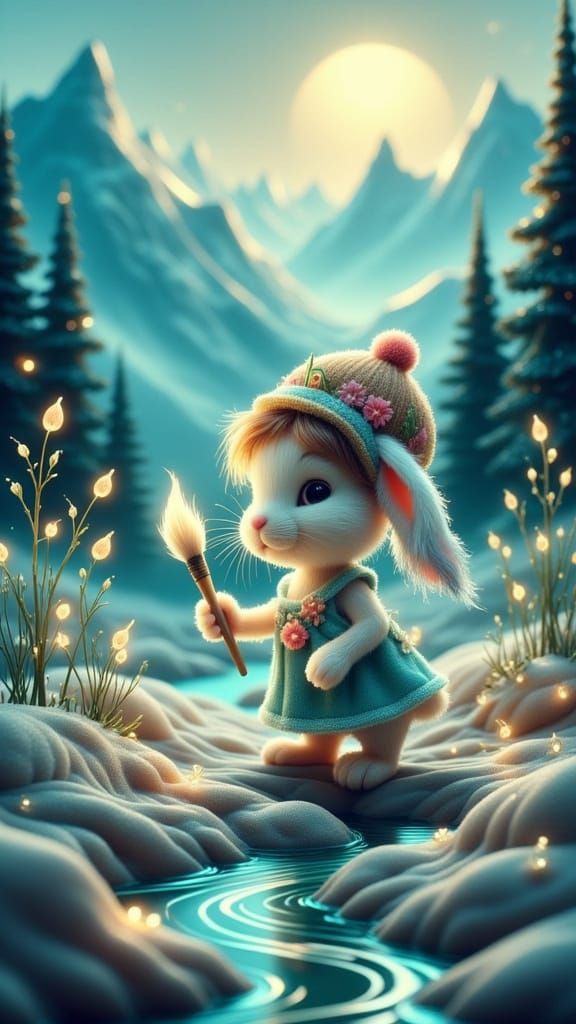 Animated Bunny Paints Turquoise Landscape in Fairy Lights