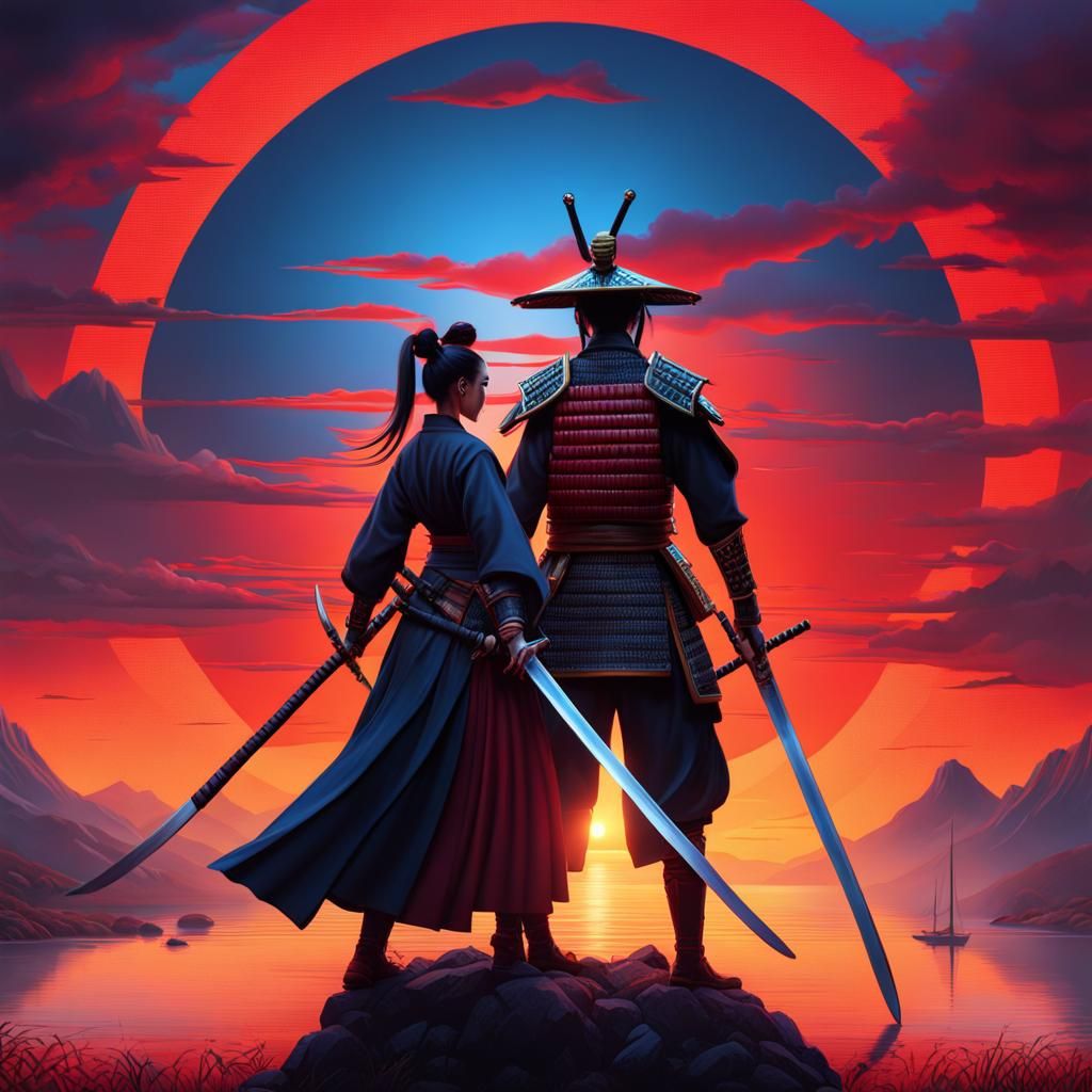 Samurai Couple at Sunrise in Modern Art Style