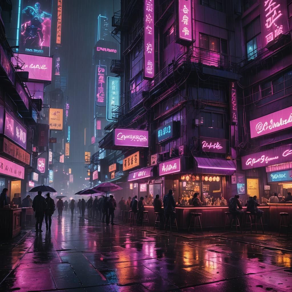 Cyberpunk Night Cityscape: Neon Bar in the Rain
