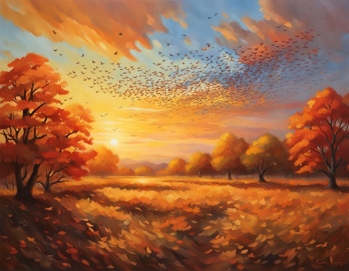 Birds Fly at Sunset: Hyperrealistic Oil Painting