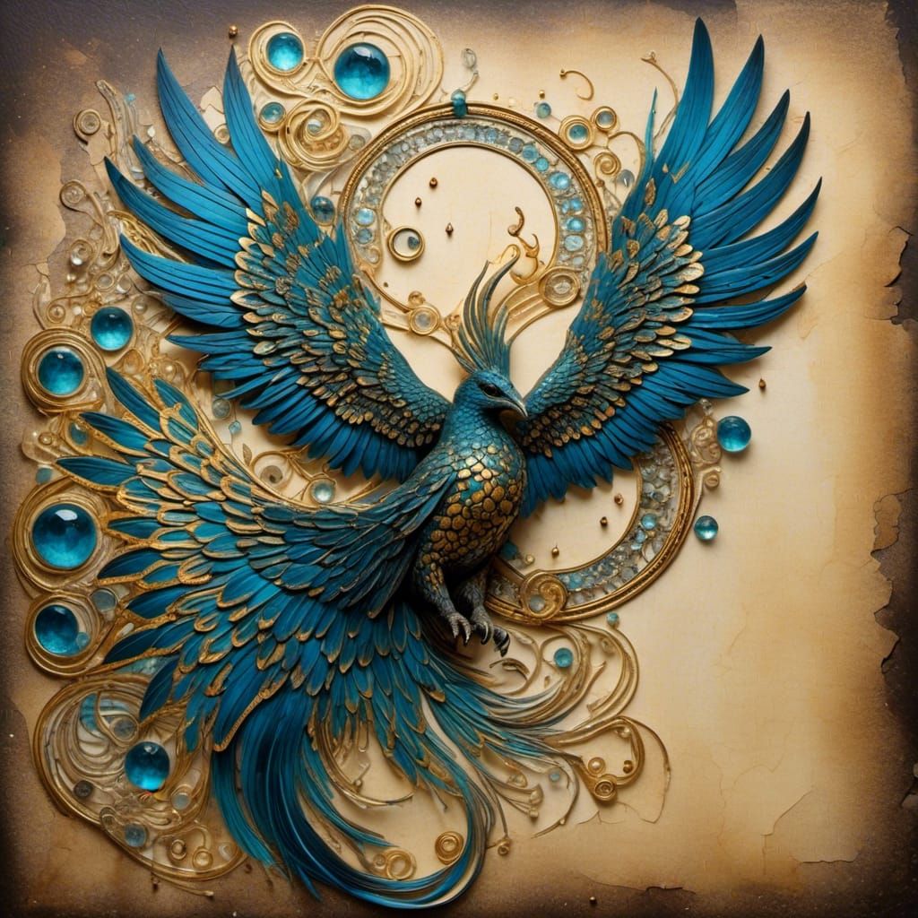 Iridescent Phoenix in Starry Watercolor Sky