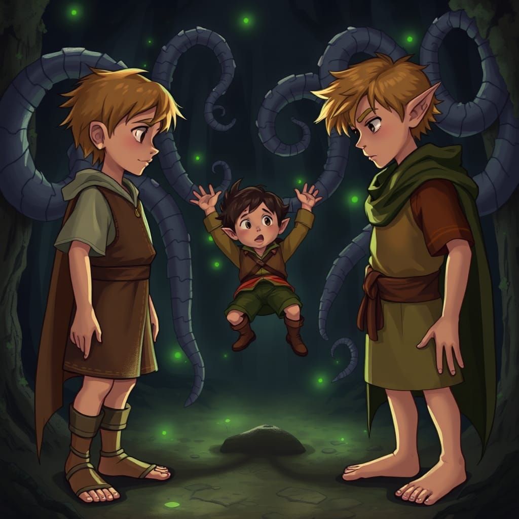 Tense Encounter in Dark Enchanted Forest