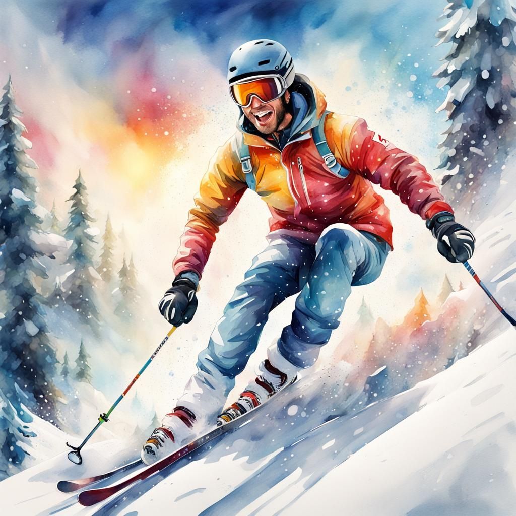 Energetic Skiing Illustration in Watercolor Style